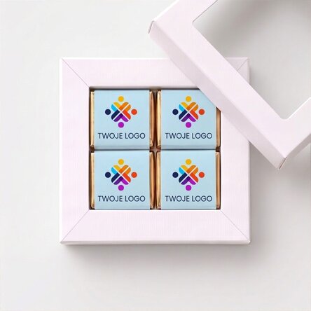 Pudełko upominkowe zawierające 4 miniaturowe czekoladki z nadrukowanym logo