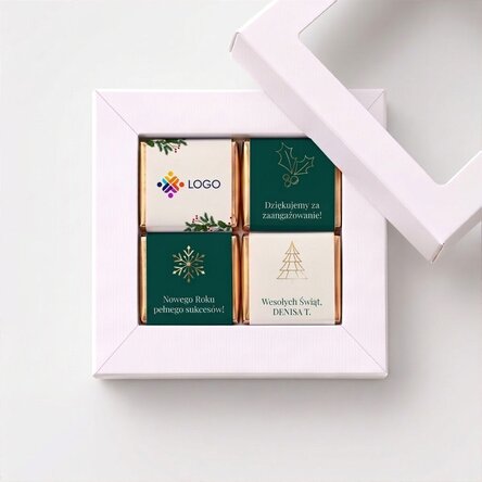 Pudełko upominkowe zawierające 4 mini czekoladki z nadrukowanym logo i napisem – Wesołych Świąt!