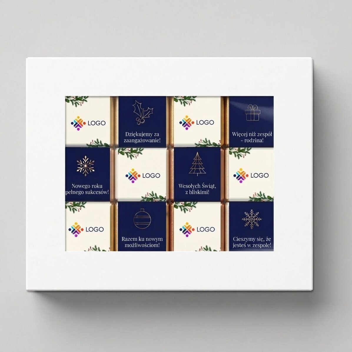 Pudełko prezentowe zawierające 12 mini czekoladek z nadrukowanym logo i świątecznym przesłaniem