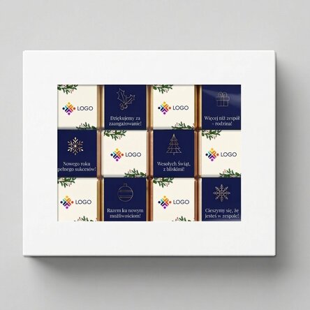 Pudełko prezentowe zawierające 12 mini czekoladek z nadrukowanym logo i świątecznym przesłaniem