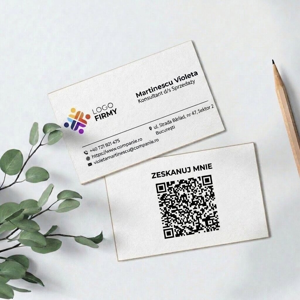 Spersonalizowane wizytówki na papierze, dwustronne, z kodem QR i danymi kontaktowymi