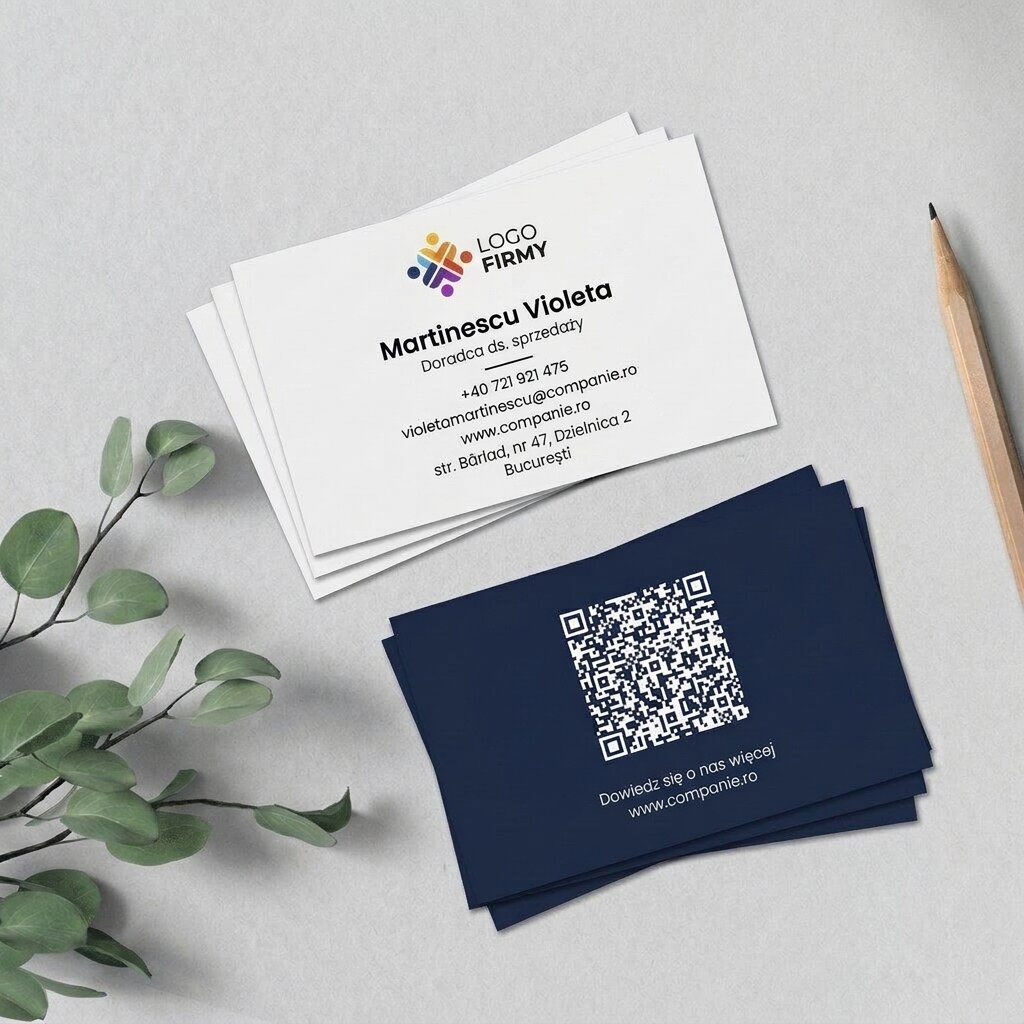 Spersonalizowane wizytówki na papierze, minimalistyczny projekt, logo i kod QR