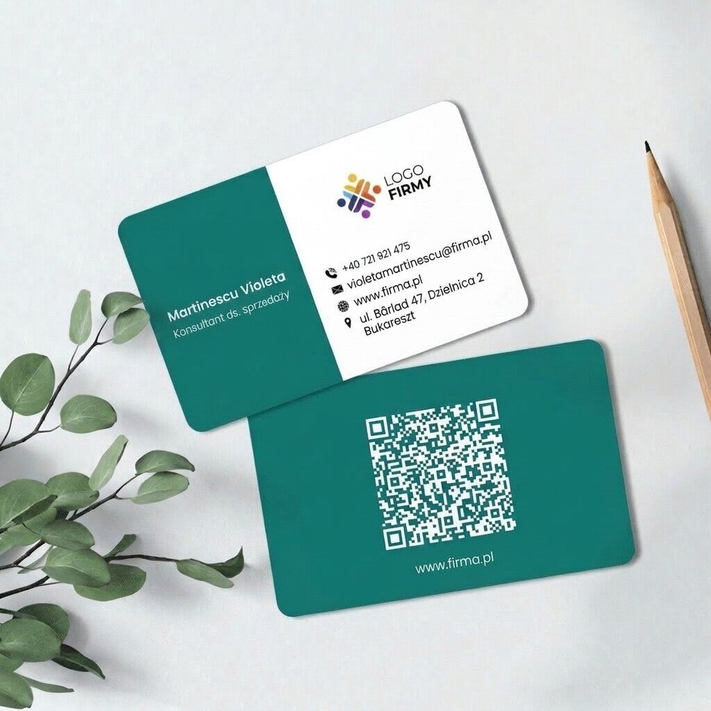 Spersonalizowana wizytówka z aluminium, wzór z kolorowym paskiem, logo i kod QR