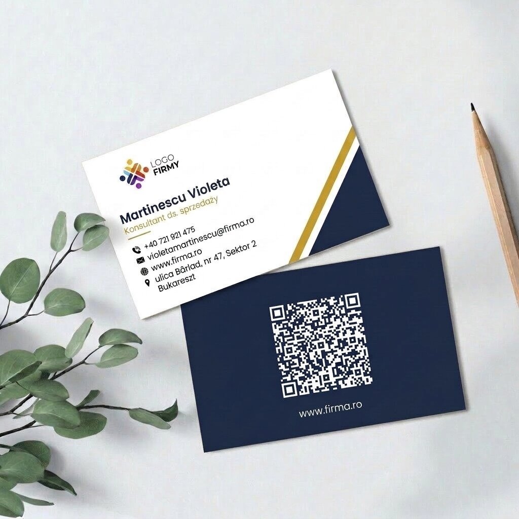 Spersonalizowane wizytówki na papierze, geometryczny wzór, logo i kod QR