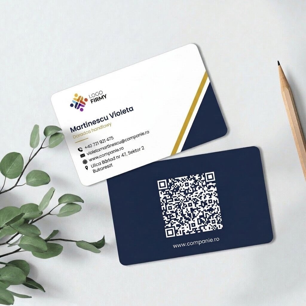Spersonalizowana wizytówka z aluminium, geometryczny wzór, logo i kod QR