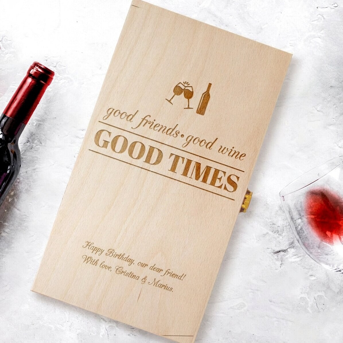 Spersonalizowane pudełko na wino na dwie butelki – Good Friends, Good Wine, Good Times