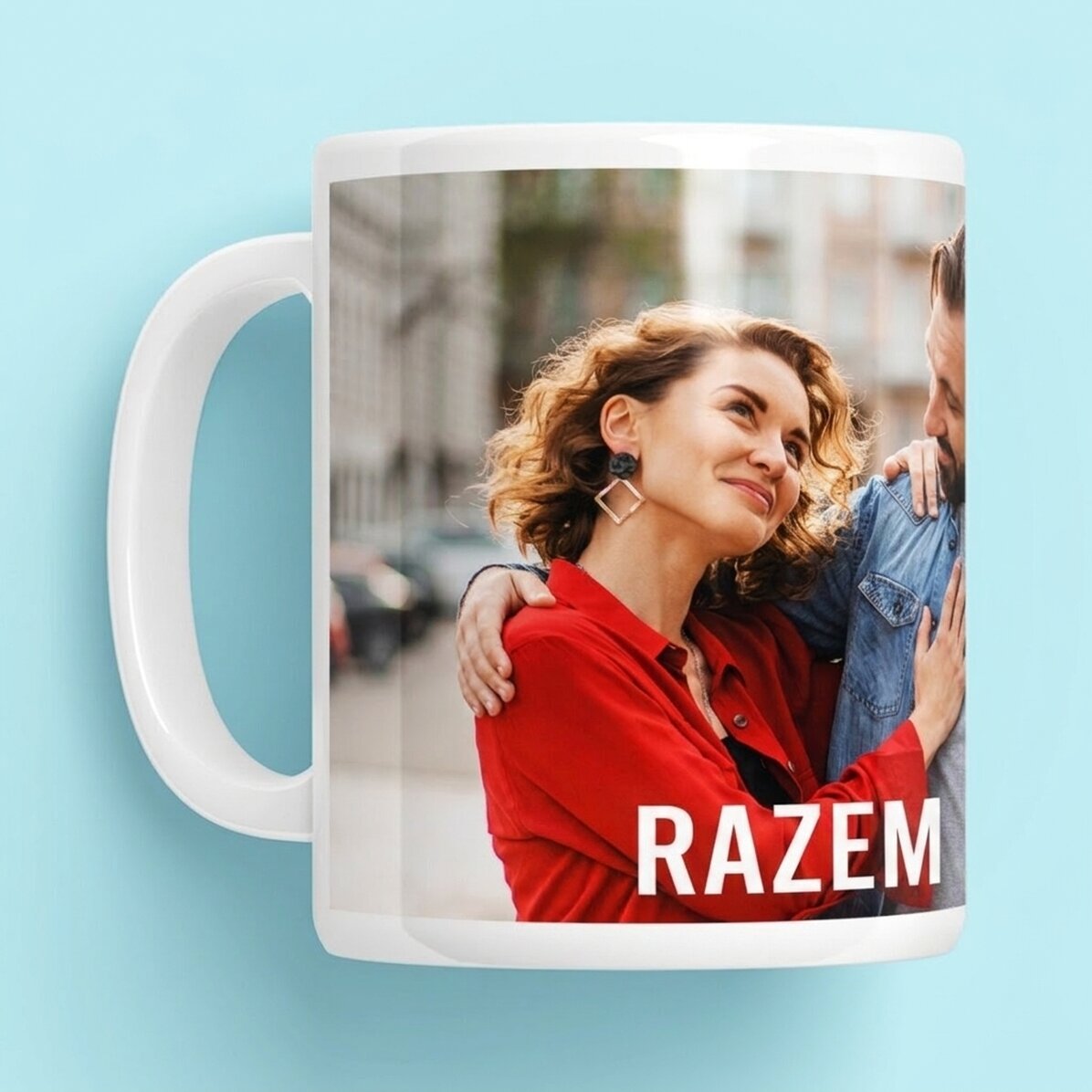 Spersonalizowany kubek ze zdjęciem w orientacji poziomej i napisem