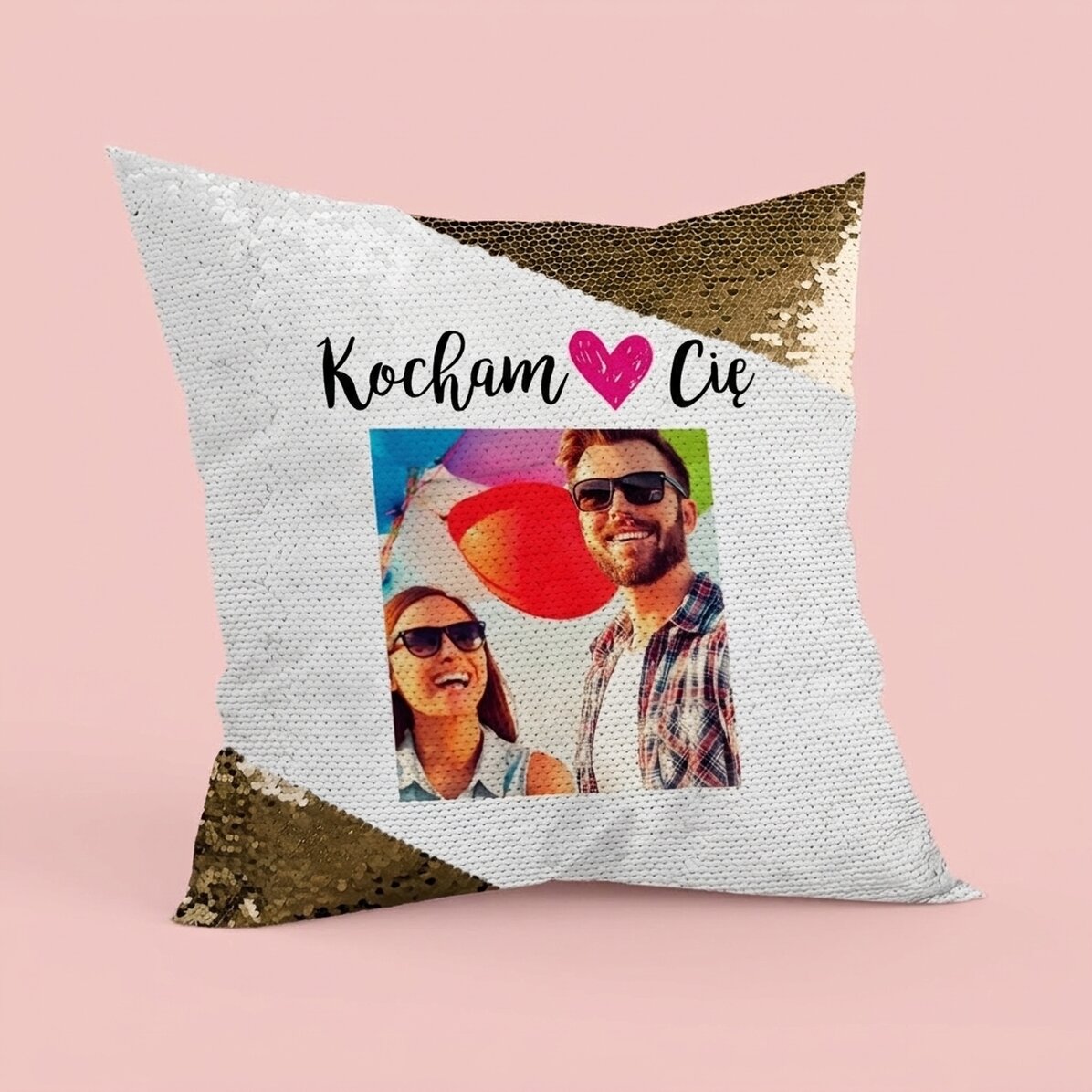 Poduszka z cekinami z własnym zdjęciem – I love you