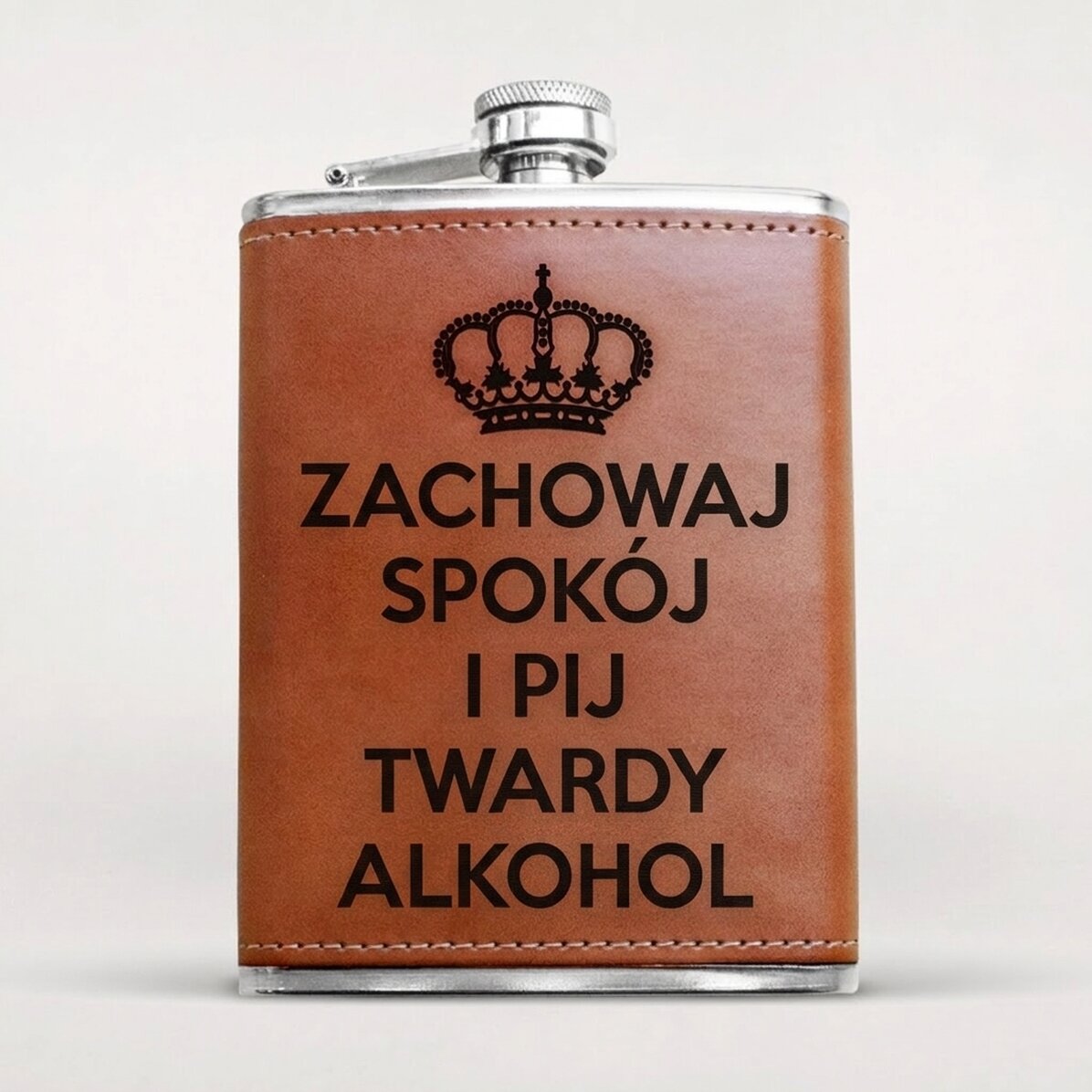 Spersonalizowana butelka kieszonkowa w skórzanym etui – Keep Calm