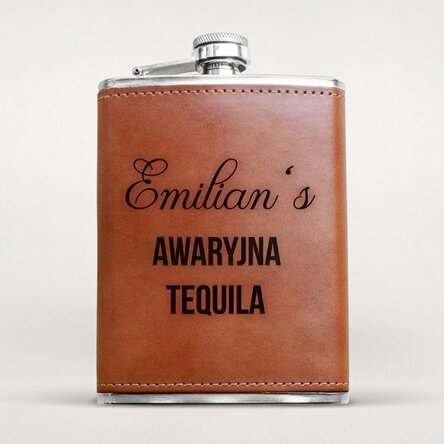Spersonalizowana kieszonkowa butelka w skórzanym etui – Emergency Tequila