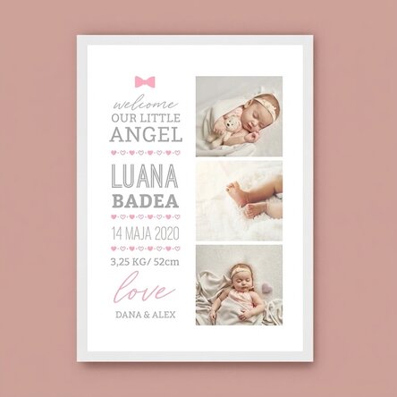 Spersonalizowany obrazek z napisem i 3 zdjęciami – Hello, baby (Dziewczynka)