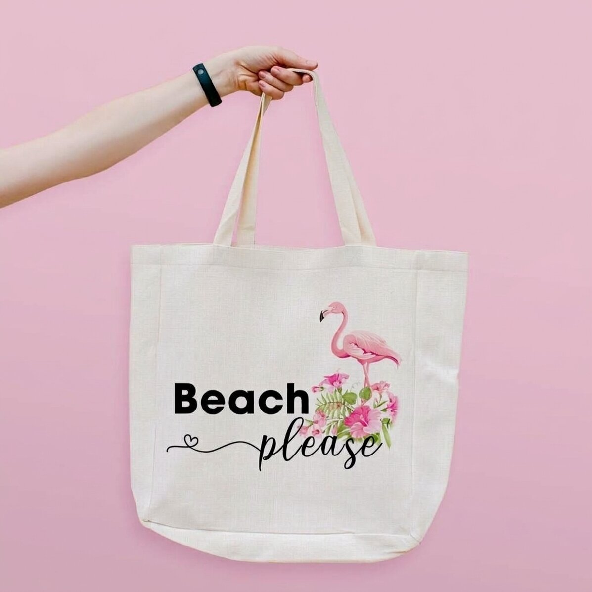 Spersonalizowana torba plażowa z napisem – model „Beach please” z motywem flaminga
