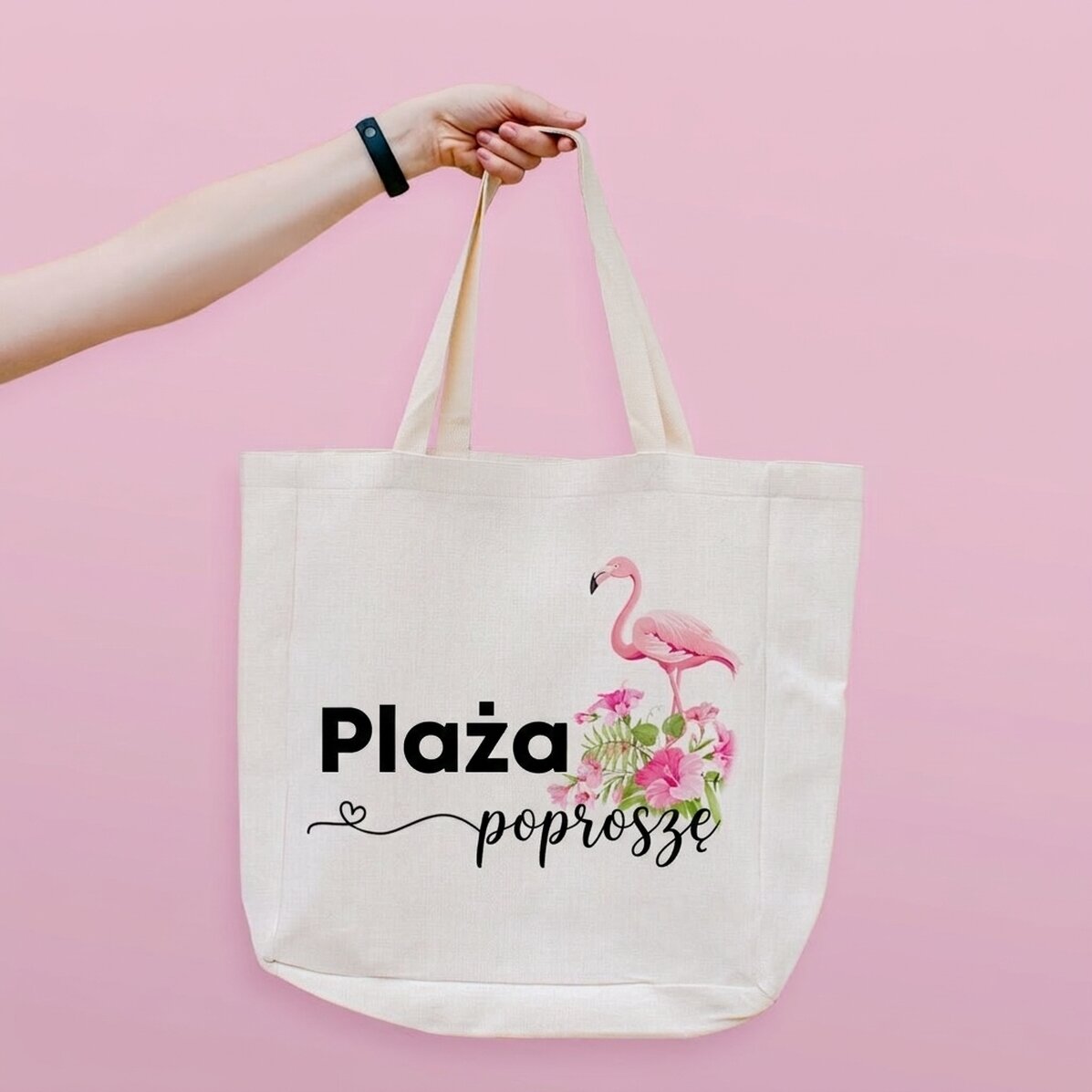 Spersonalizowana torba plażowa z napisem – model „Beach please” z motywem flaminga