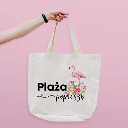 Spersonalizowana torba plażowa z napisem – model „Beach please” z motywem flaminga