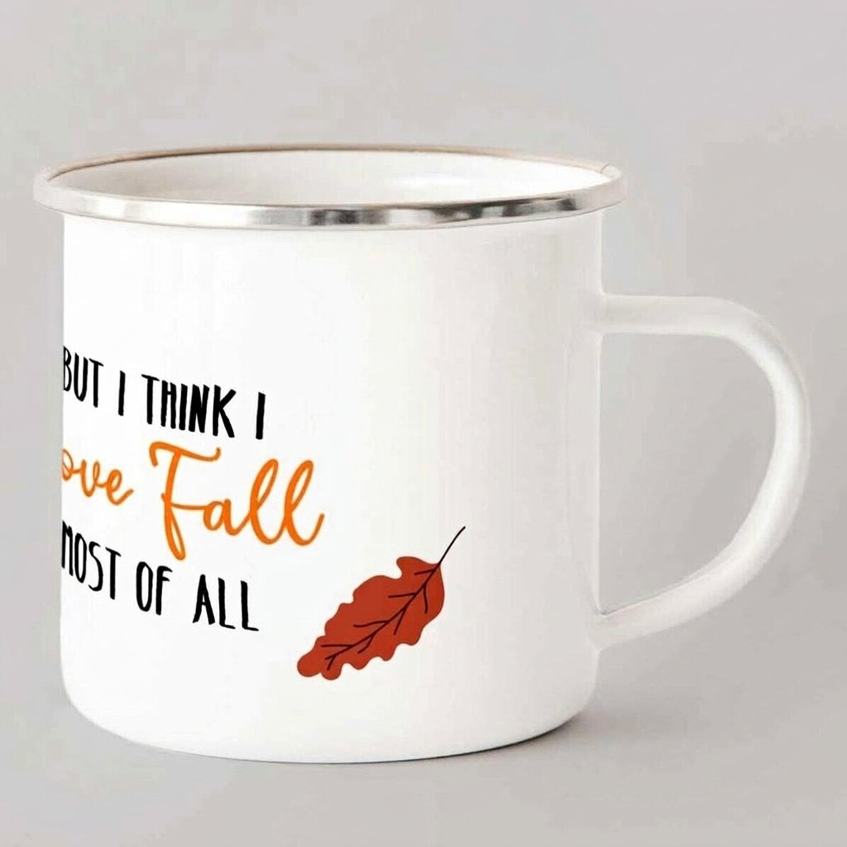 Emaliowany kubek metalowy z napisem – I love fall