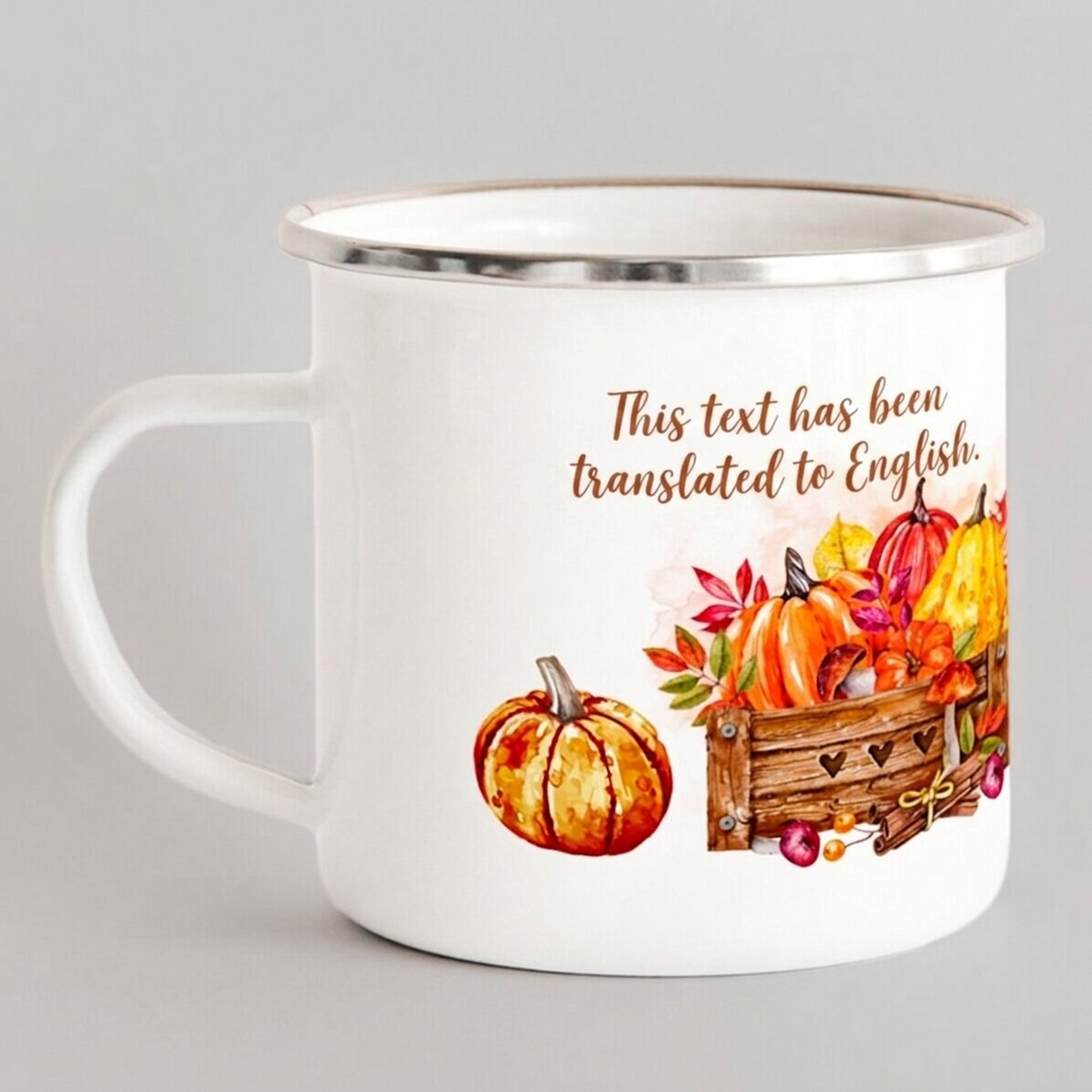 Emaliowany kubek metalowy z napisem – Hello, pumpkin
