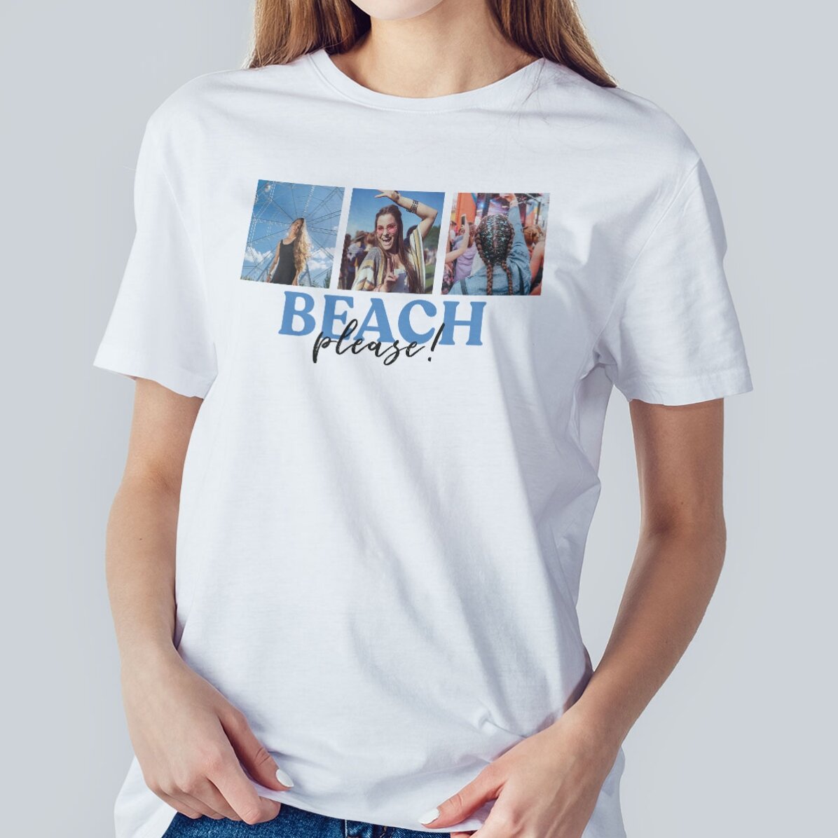 Bawełniana koszulka z nadrukiem trzech zdjęć i napisem – „Beach, please!”