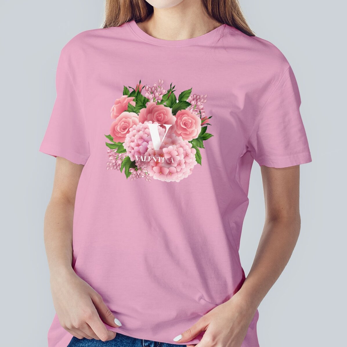 Personalised cotton T-shirt with initial and name - Spring flowers