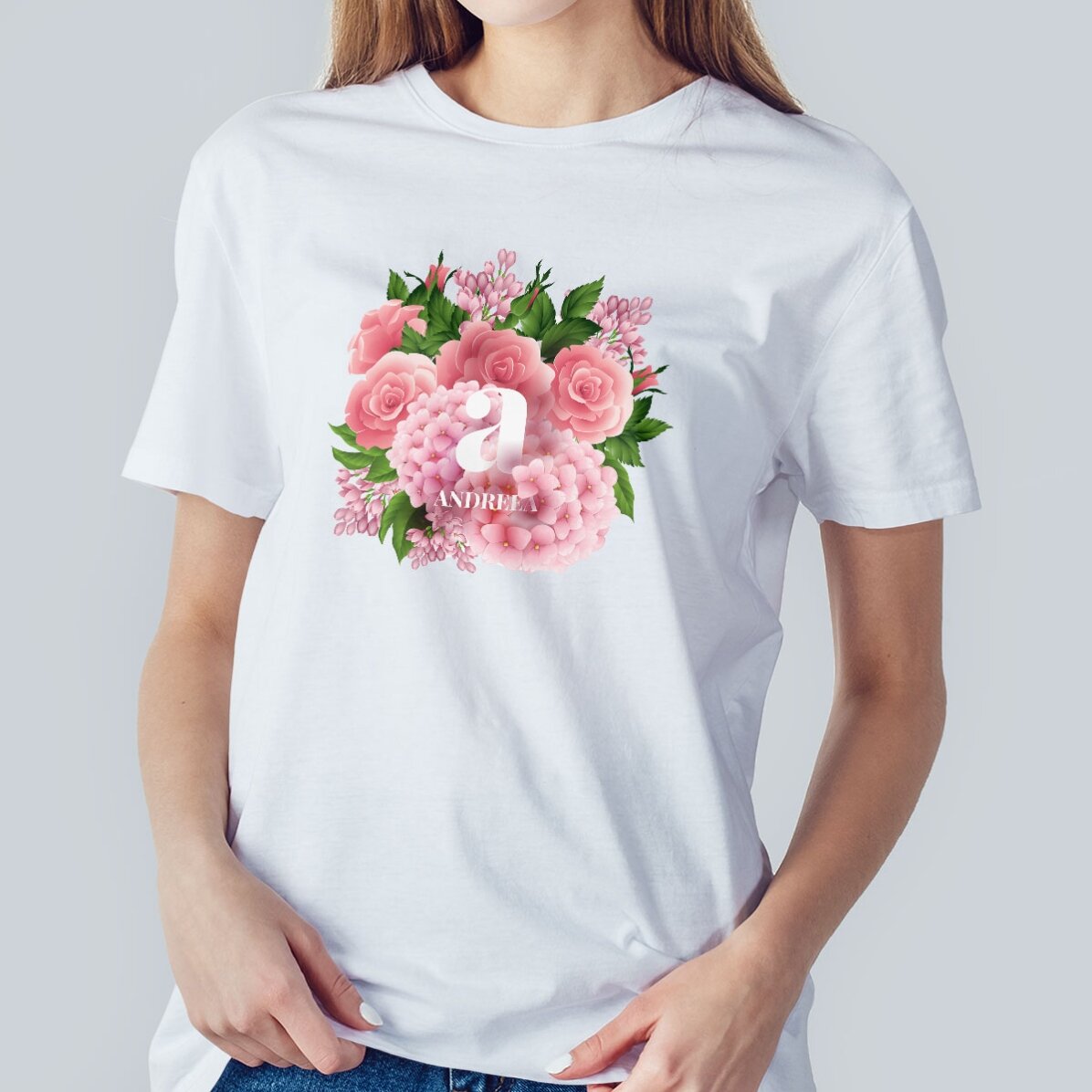 Personalised cotton T-shirt with initial and name - Spring flowers