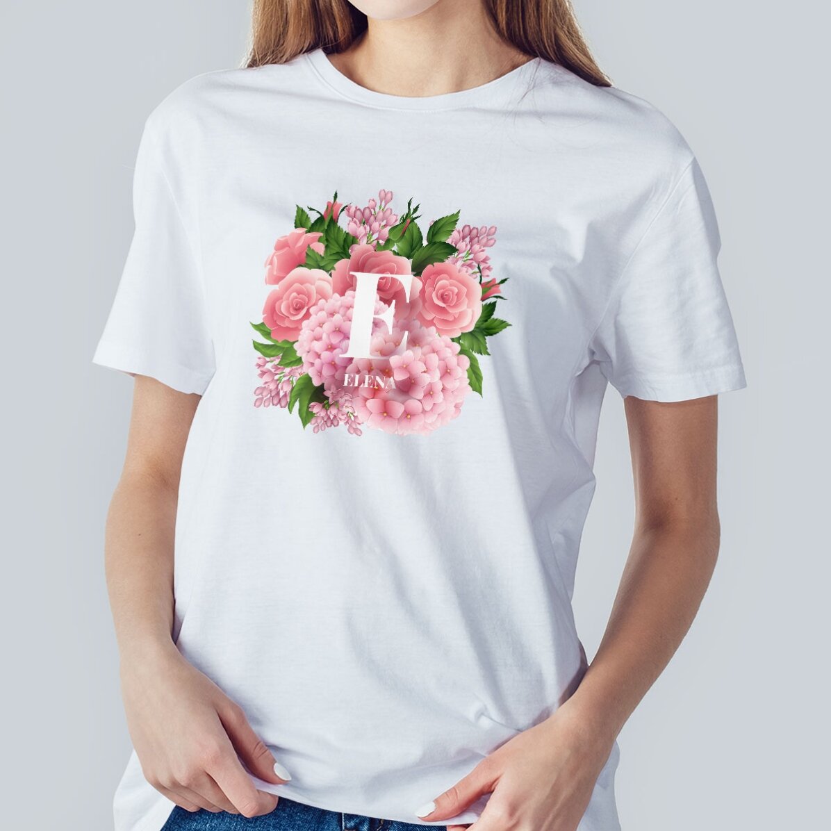Personalised cotton T-shirt with initial and name - Spring flowers