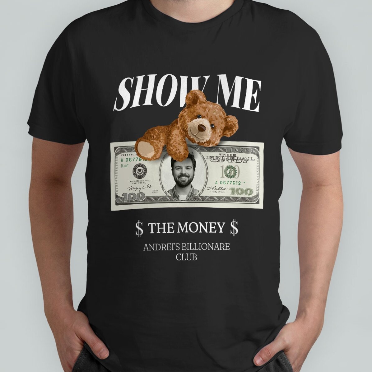Custom cotton T-shirt with photo and text - Show me the money