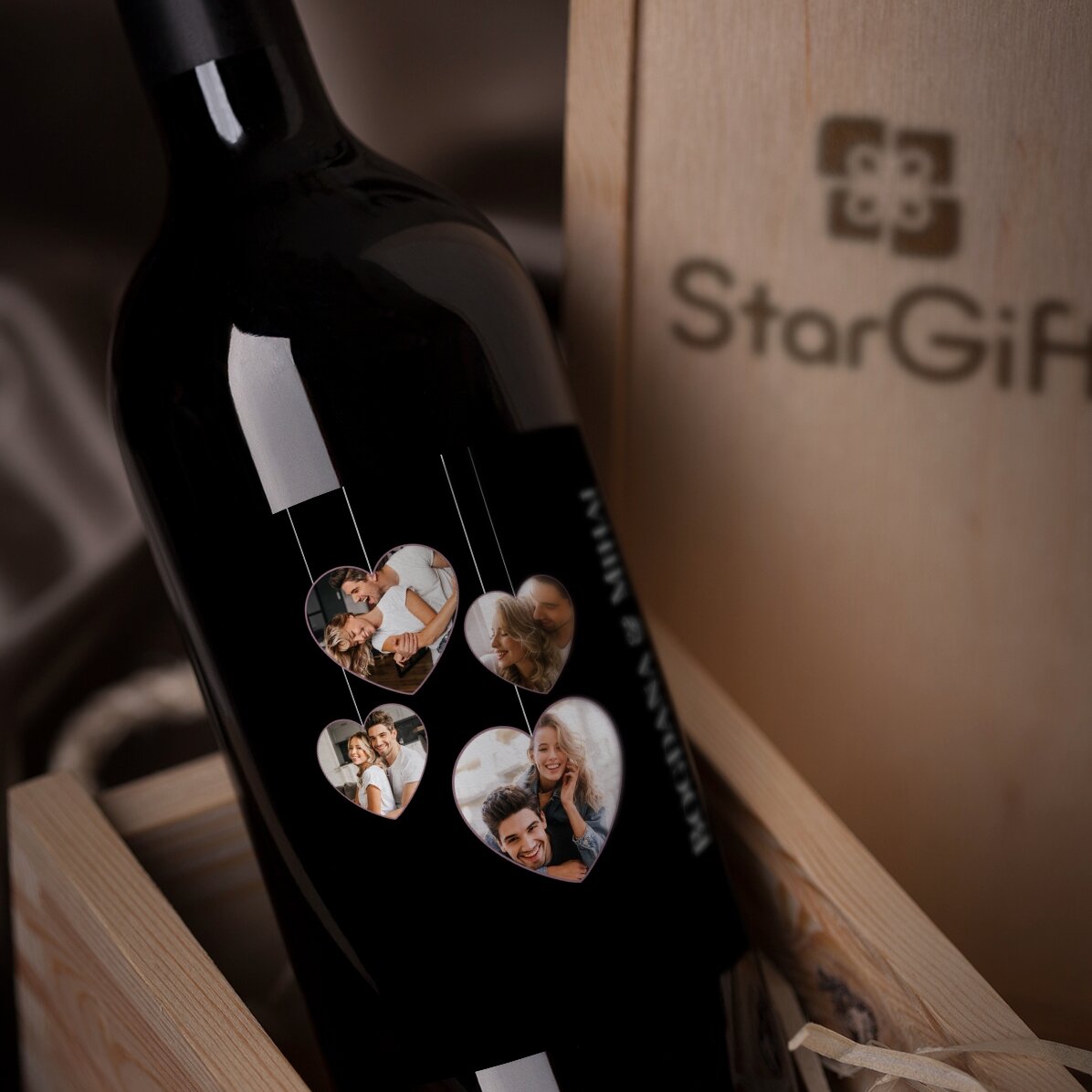 Personalised wine with 4 heart-shaped photos for couples