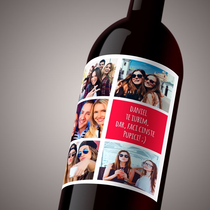 Wino z indywidualnym nadrukiem zawierającym 5 zdjęć i tekst