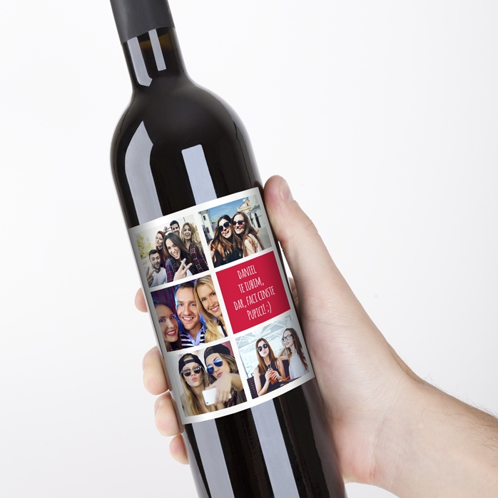 Wino z indywidualnym nadrukiem zawierającym 5 zdjęć i tekst
